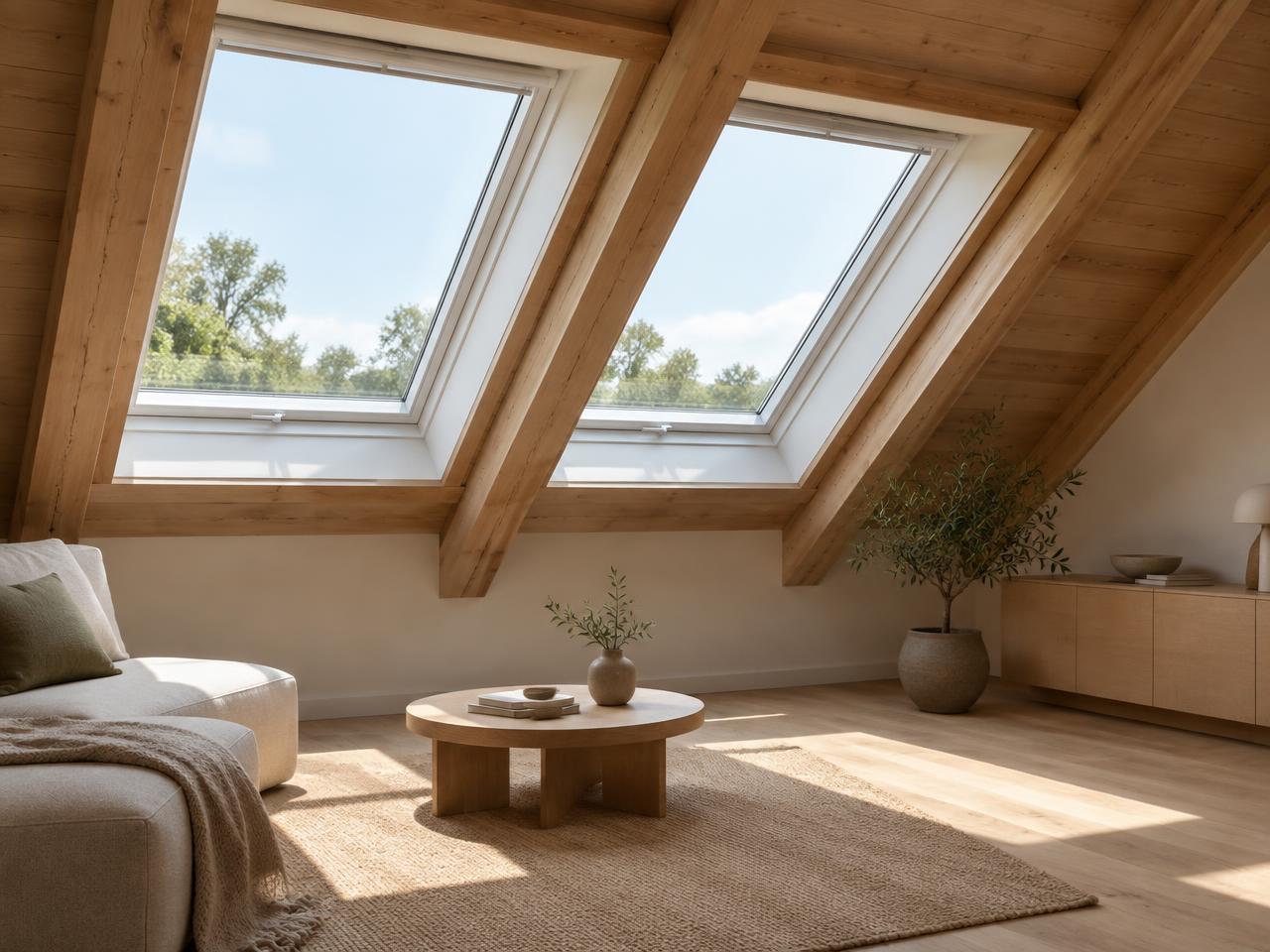 Heller Dachraum mit zwei neuen Dachfenstern zwischen Holzsparren