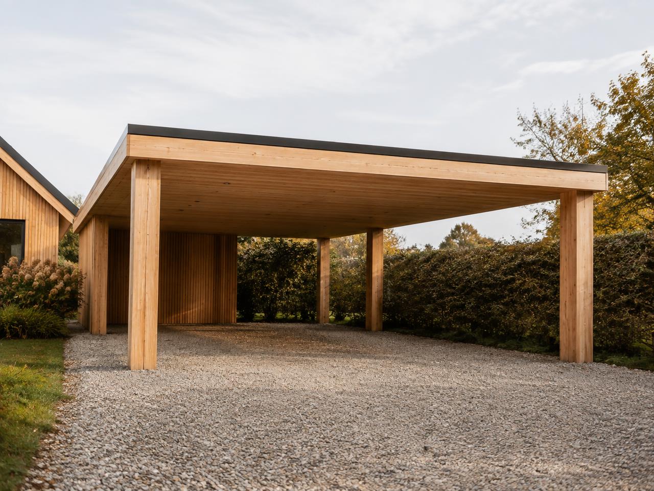 Moderner Holz-Carport mit flachem Dach an einer Kiesauffahrt