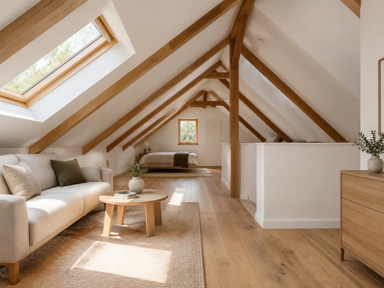 Ausgebautes Dachgeschoss mit sichtbaren Holzsparren und Holzboden