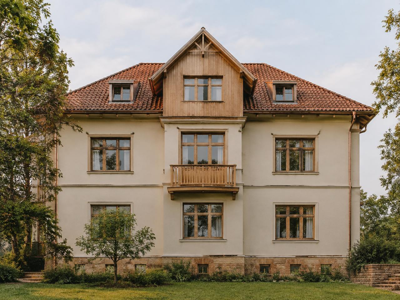 Modernisiertes Bestandsgebäude mit neuen Holzdetails an der Fassade
