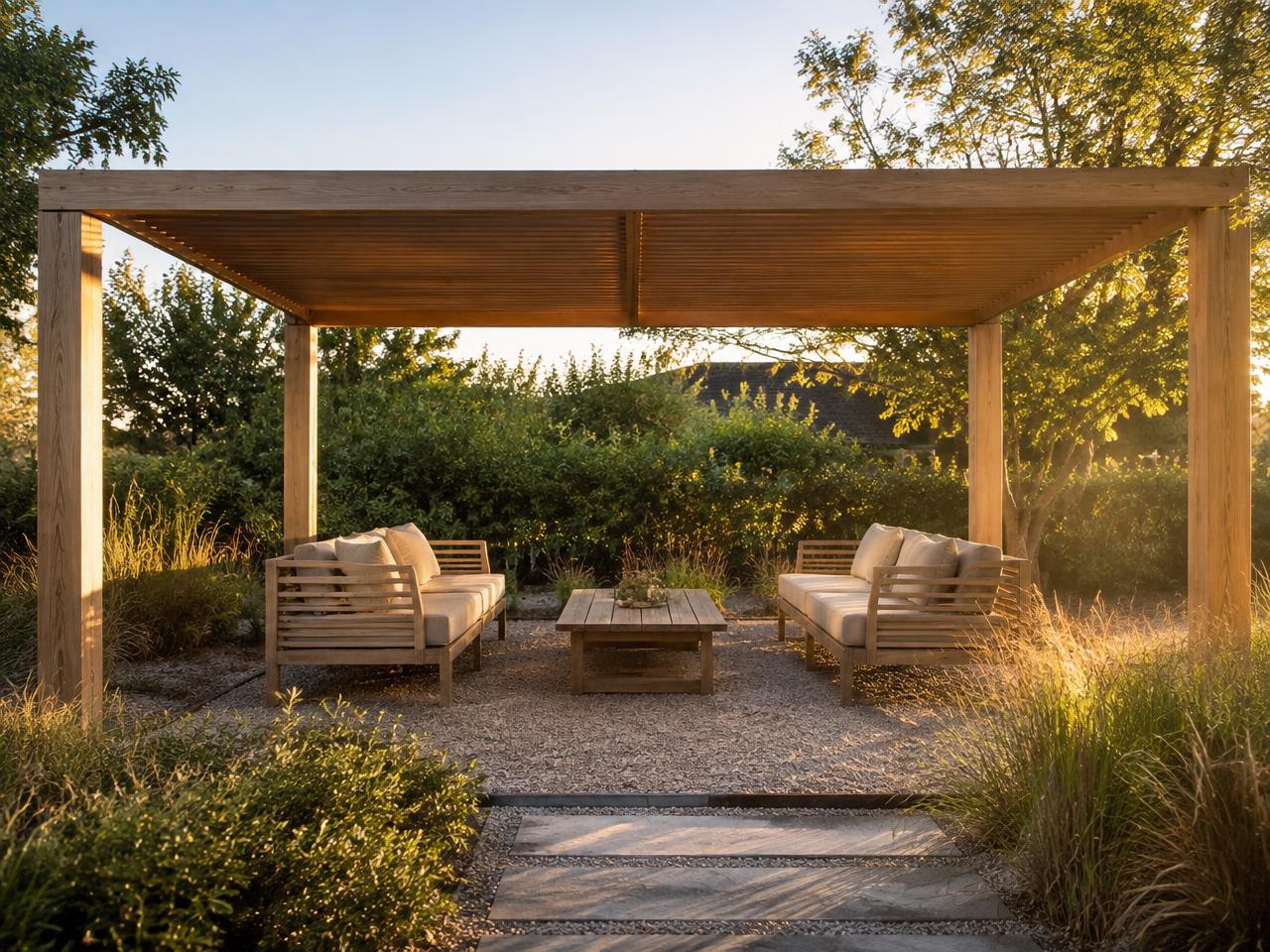 Pergola aus Holz über einem ruhigen Sitzbereich im Garten