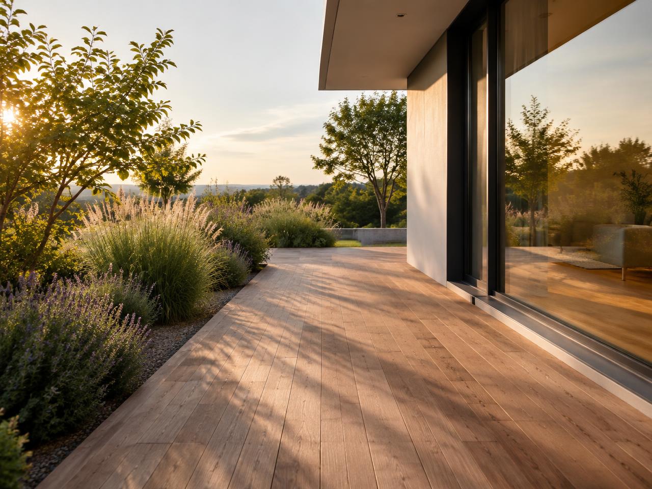Terrasse aus Naturholz entlang einer modernen Hausfassade
